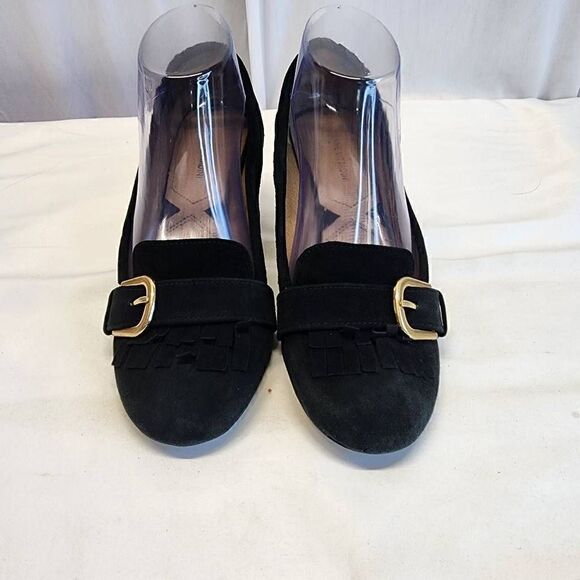 Adrienne Vittadini Black Suede Ginty Pumps Size 7.5 Block Heel Loafer Buckle - Picture 11 of 11